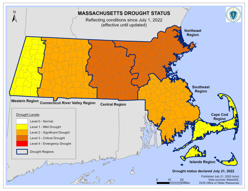 MASSACHUSETTS DROUGHT STATUS
Reflecting conditions since July 1, 2022 through July 21, 2022.
Regions shown: Western Region, Central Region, Northeast Region, Southeast Region, Cape Cod and Islands Region.
Legend: Drought Levels (color-coded) with Normal to Extreme drought.