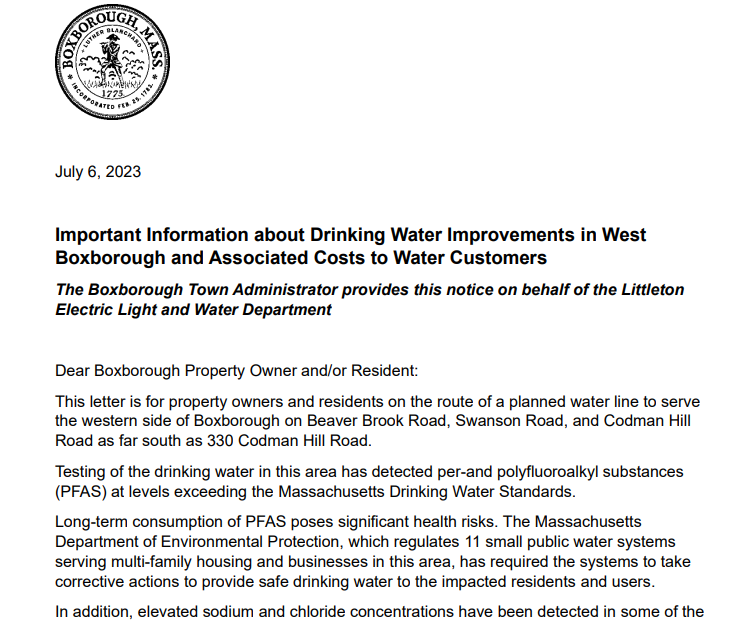 Important Information about Drinking Water Improvements in West Boxborough and Associated Costs to Water Customers
The Boxborough Property Owner and/or Resident
Dear Boxborough Property Owner and/or Resident:
This letter is for property owners and residents on the route of a planned water line to serve the western side of Boxborough.
Massachusetts Department of Environmental Protection