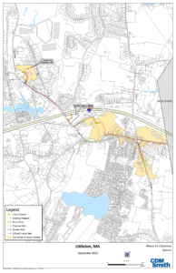 Map of Littleton, MA showing the Phase 1A sewer collection system with highlighted zones, sewer mains, surrounding streets, and a legend.