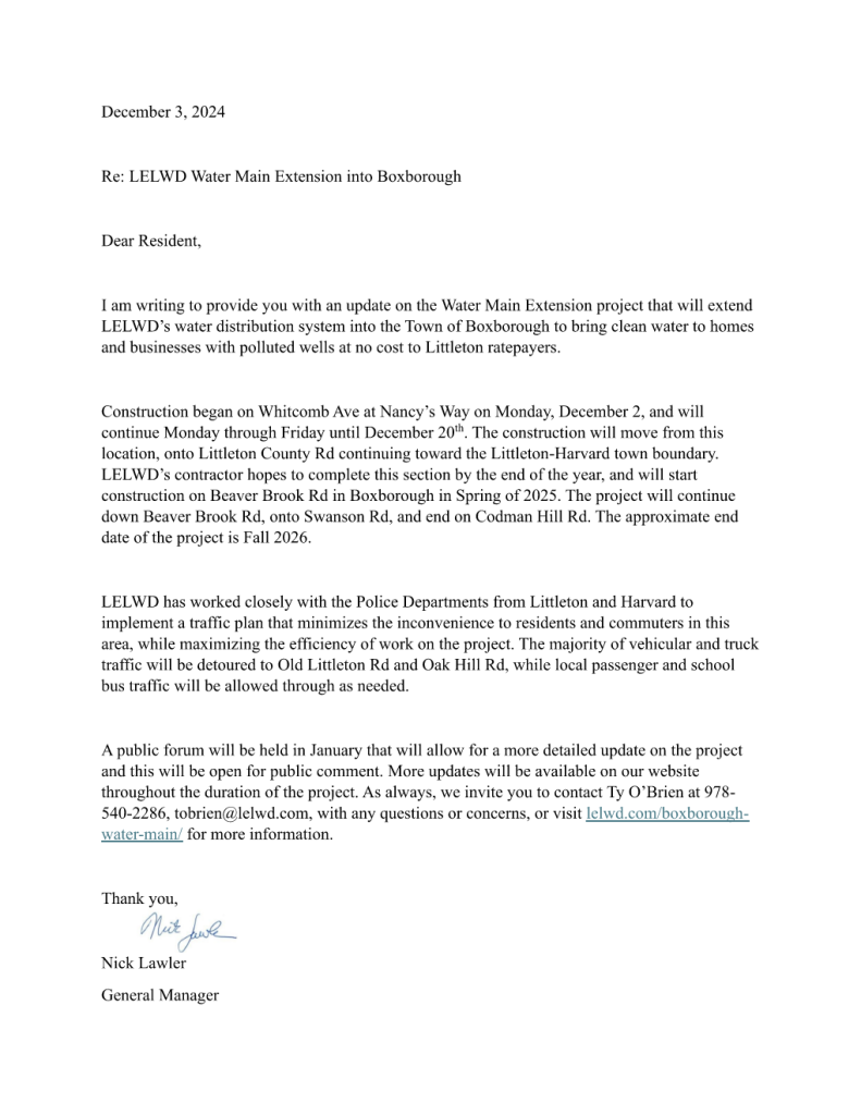Letter dated December 3, 2014 from the Littleton Electric Light and Water Department (LELWD) to Boxborough residents about a Water Main Extension, describing the project, construction timeline, traffic plans, and public forum details.