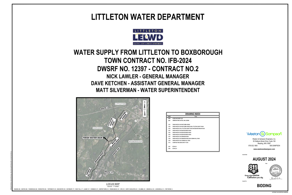 Title sheet for the Littleton Water Department project, showing the Littleton–Boxborough water supply plan with a map and index.