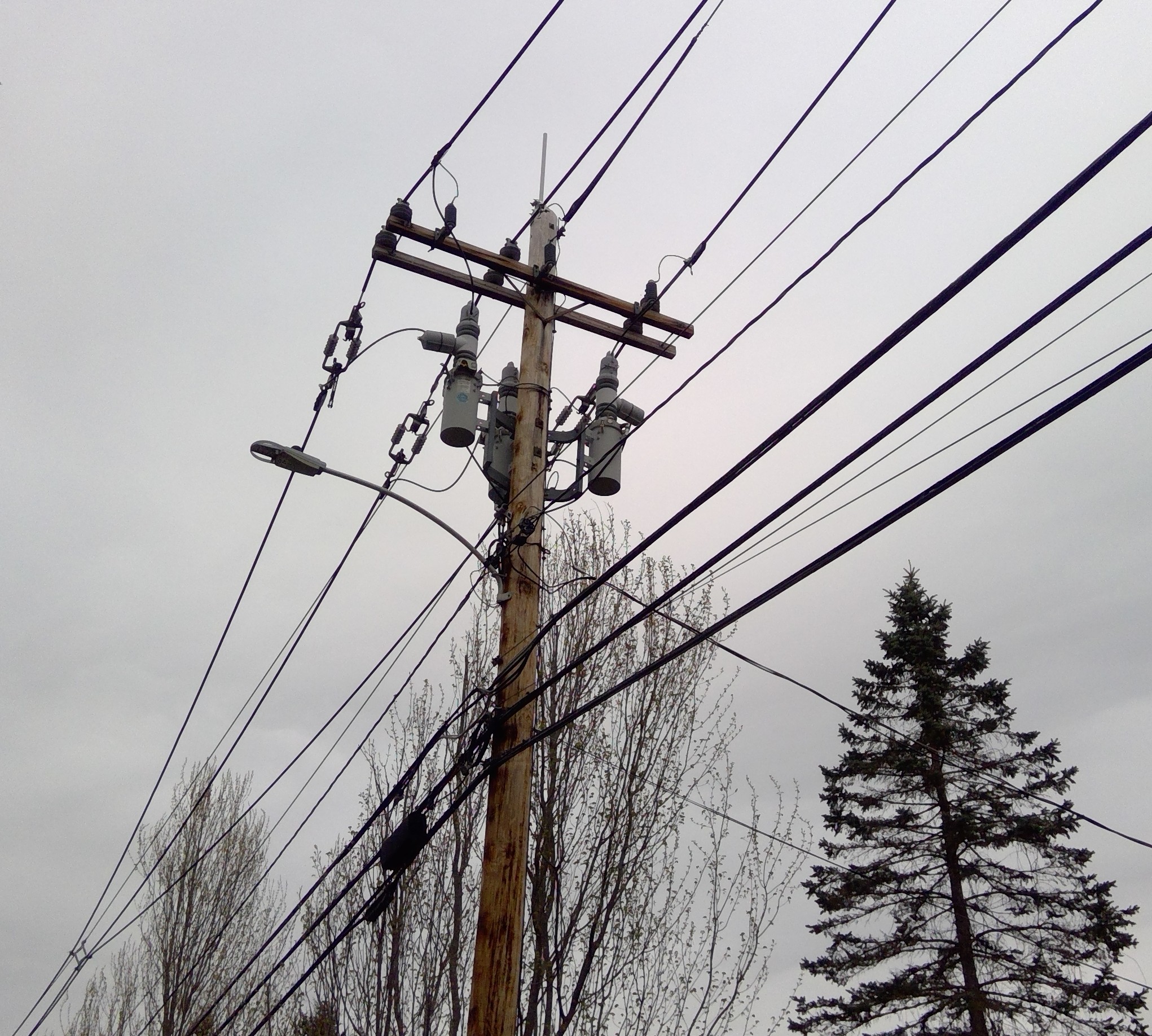 Wooden utility pole with transformers and crossarms, a streetlight, and many overhead power lines against an overcast sky.
